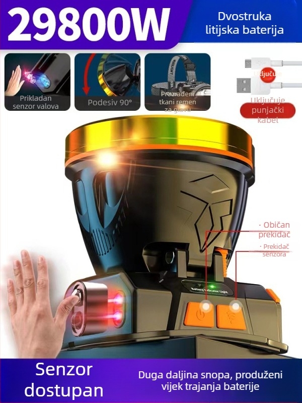 Noćna ribolovna čelna lampica, punjiva, 1200mAh baterija, 10W LED, aluminijsko tijelo, domet 200–500 m