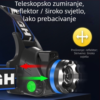 Naglavna svjetiljka za noćni ribolov – 10W LED, punjava, ručna generacija energije, aluminijska legura, domet 200–500 m