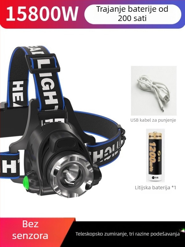 Naglavna svjetiljka za noćni ribolov – 10W LED, punjava, ručna generacija energije, aluminijska legura, domet 200–500 m