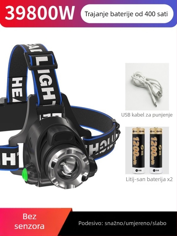 Naglavna svjetiljka za noćni ribolov – 10W LED, punjava, ručna generacija energije, aluminijska legura, domet 200–500 m