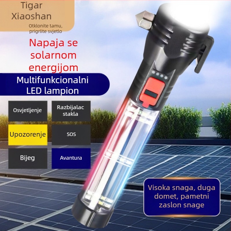 Hitna auto LED svjetiljka s COB LED, solarno napajanje, power bank i čekić za razbijanje stakla