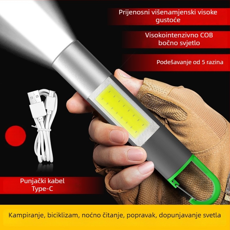 Kemping ručna svjetiljka s izvorom svjetla u obliku žarulje, baterija 800 mAh, snaga 1W, punjenje, domet 50–100 m