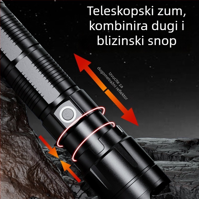 LED svjetiljka za kampiranje, 360° rotacija, punjiva, domet 500 m, 15W, 7200