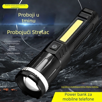 LED svjetiljka s USB bočnim svjetlom, zumiranje, 360° okret, 20W, baterija 1200 mAh, domet 200–500 m, za kampiranje i vožnju biciklom