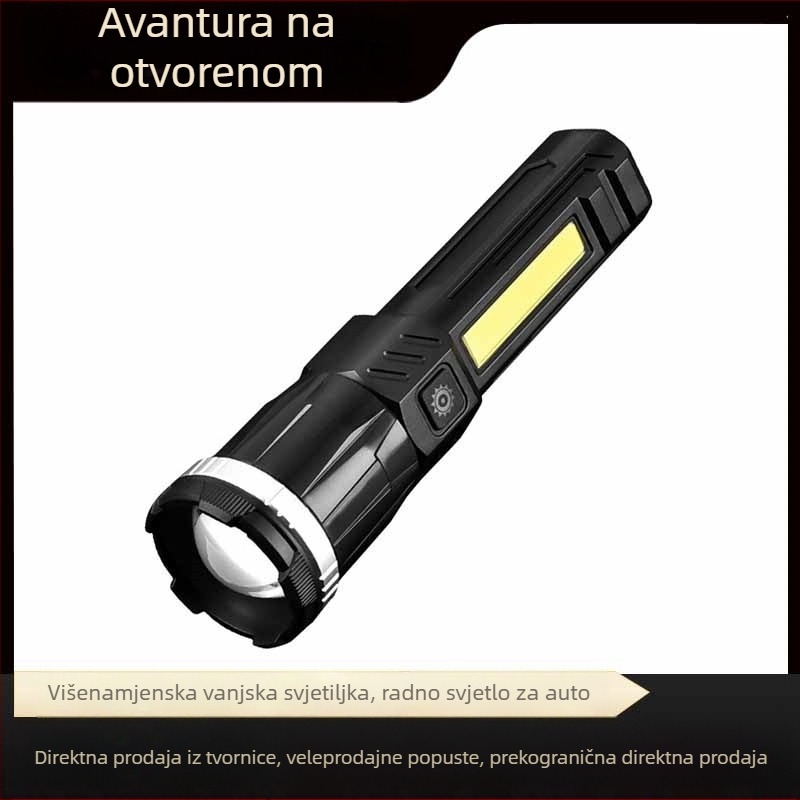 LED svjetiljka s USB bočnim svjetlom, zumiranje, 360° okret, 20W, baterija 1200 mAh, domet 200–500 m, za kampiranje i vožnju biciklom