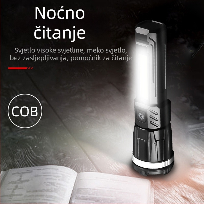 LED svjetiljka s USB bočnim svjetlom, zumiranje, 360° okret, 20W, baterija 1200 mAh, domet 200–500 m, za kampiranje i vožnju biciklom