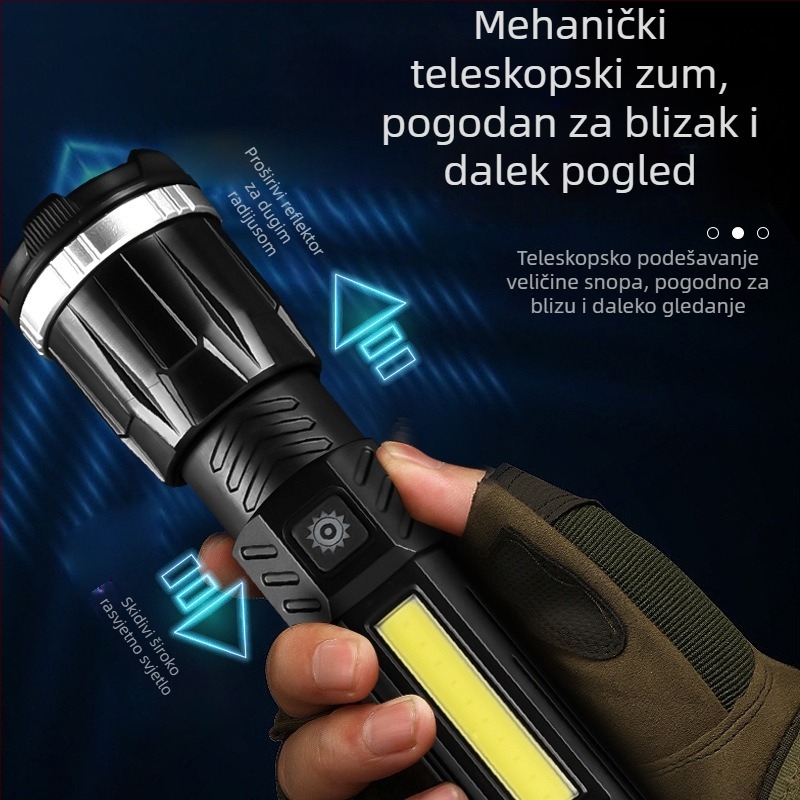 LED svjetiljka s USB bočnim svjetlom, zumiranje, 360° okret, 20W, baterija 1200 mAh, domet 200–500 m, za kampiranje i vožnju biciklom