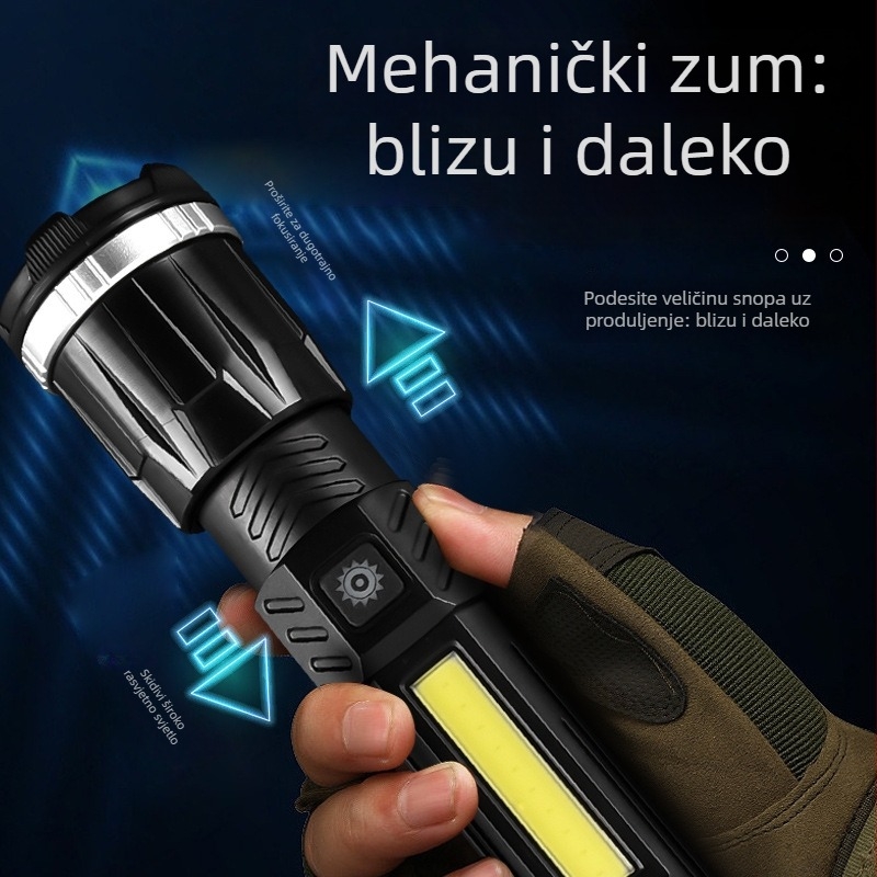 LED svjetiljka s USB bočnim svjetlom, zumiranje, 360° okret, 20W, baterija 1200 mAh, domet 200–500 m, za kampiranje i vožnju biciklom