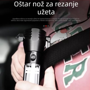 Automobilski spašavajući čekić sa svjetlom, aluminijsko tijelo, 3200 mAh punjiva baterija, 360° rotacija, ručno pokretanje, ugrađeni punjač