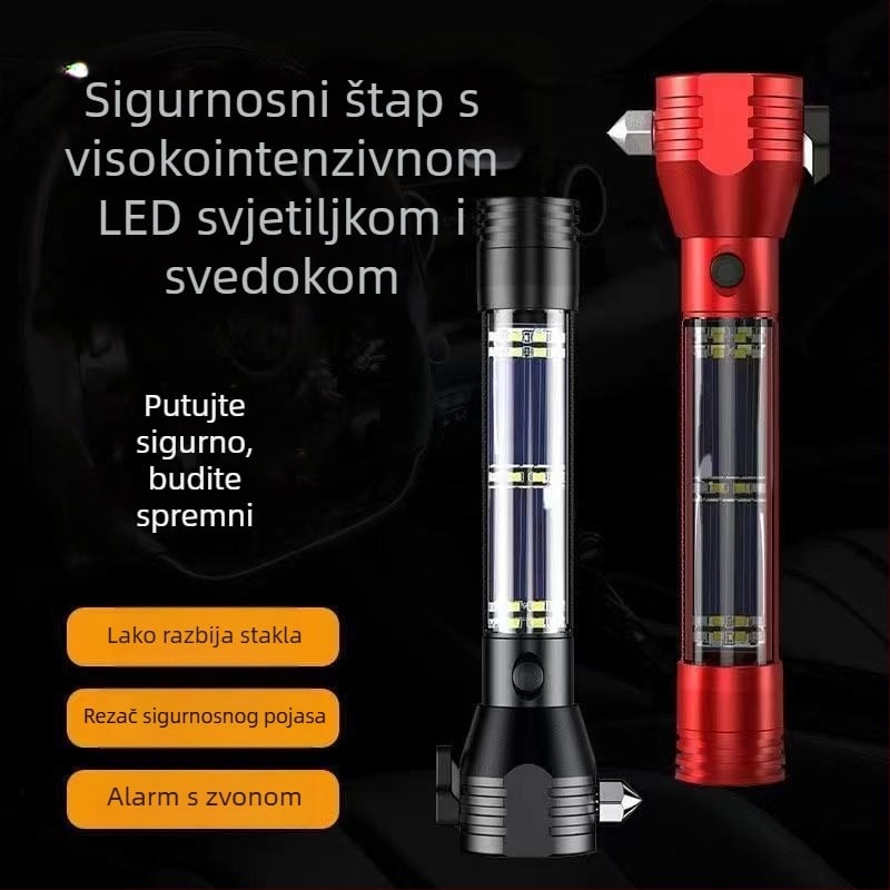 Automobilski spašavajući čekić sa svjetlom, aluminijsko tijelo, 3200 mAh punjiva baterija, 360° rotacija, ručno pokretanje, ugrađeni punjač