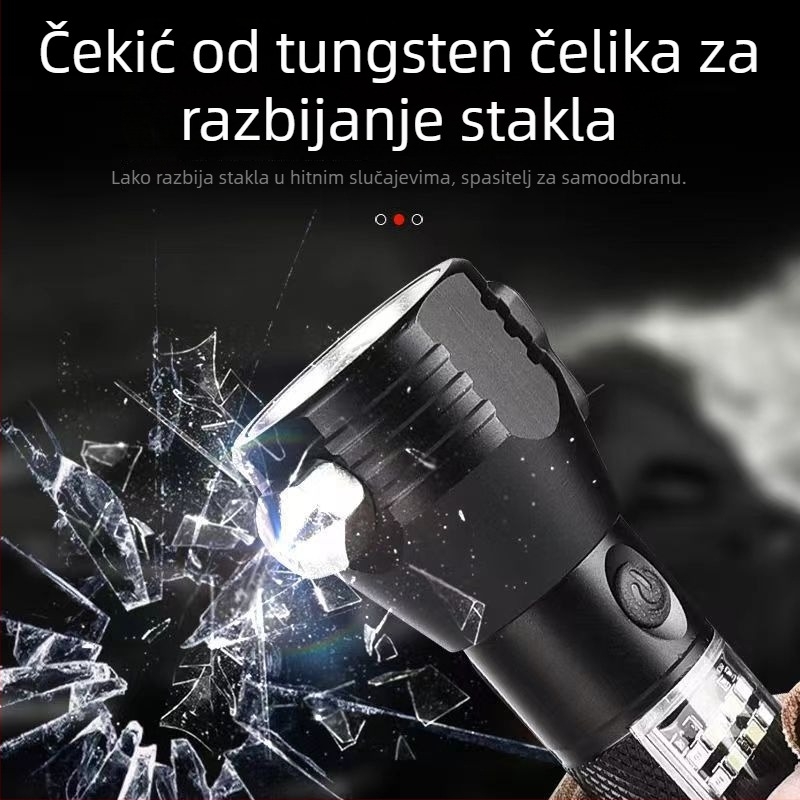 Automobilski spašavajući čekić sa svjetlom, aluminijsko tijelo, 3200 mAh punjiva baterija, 360° rotacija, ručno pokretanje, ugrađeni punjač