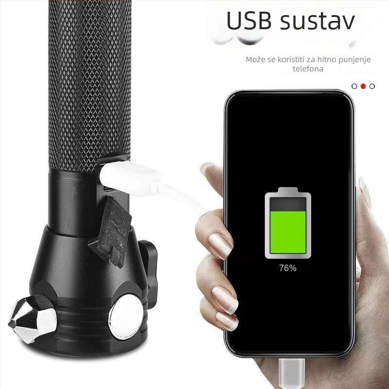 Automobilski spašavajući čekić sa svjetlom, aluminijsko tijelo, 3200 mAh punjiva baterija, 360° rotacija, ručno pokretanje, ugrađeni punjač