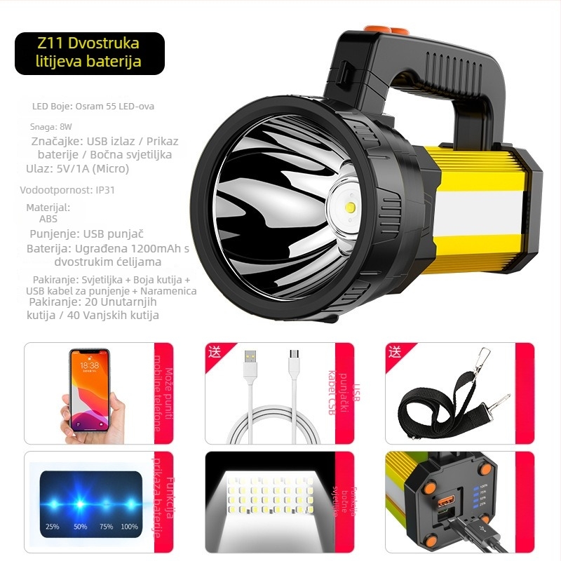 LED fenjer za kampiranje s USB punjenjem, 15W, tijelo od aluminijske legure, 8000 mAh, domet više od 500 m
