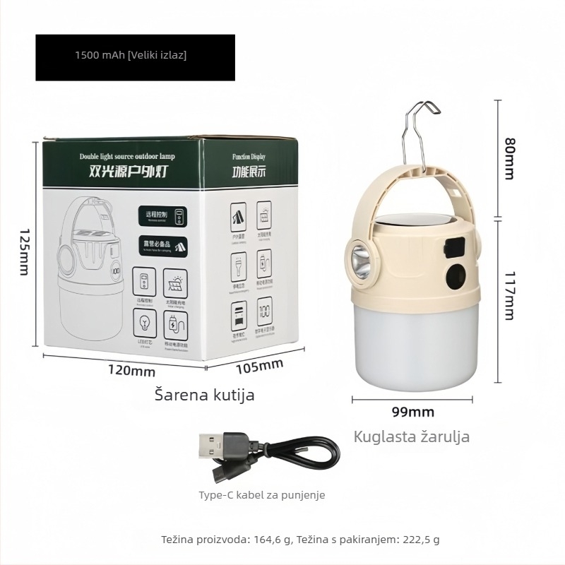 LED solarna kamping svjetiljka s USB punjenjem, 5W, baterija 1200mAh, izvor svjetla LED i žarulja, za kampiranje i nužne situacije
