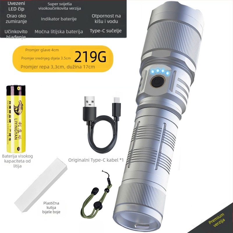 LED baterijska svjetiljka Eagle Eye od aluminijske legure, 30W, baterija 5000mAh, 360° okretna glava, optični zoom, domet preko 500 m
