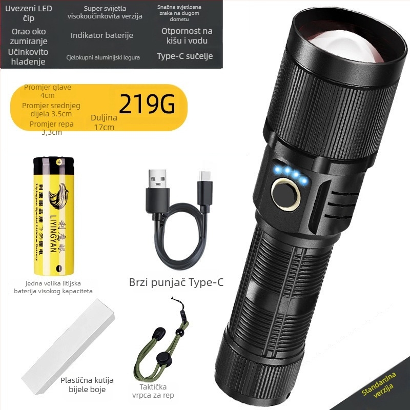 LED baterijska svjetiljka Eagle Eye od aluminijske legure, 30W, baterija 5000mAh, 360° okretna glava, optični zoom, domet preko 500 m