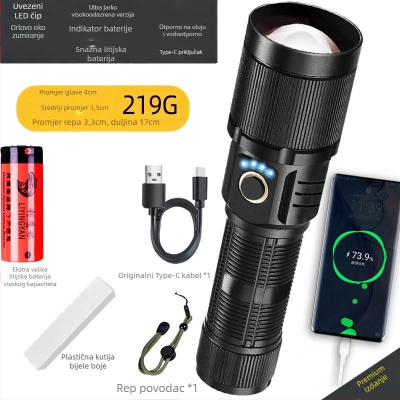 LED baterijska svjetiljka Eagle Eye od aluminijske legure, 30W, baterija 5000mAh, 360° okretna glava, optični zoom, domet preko 500 m