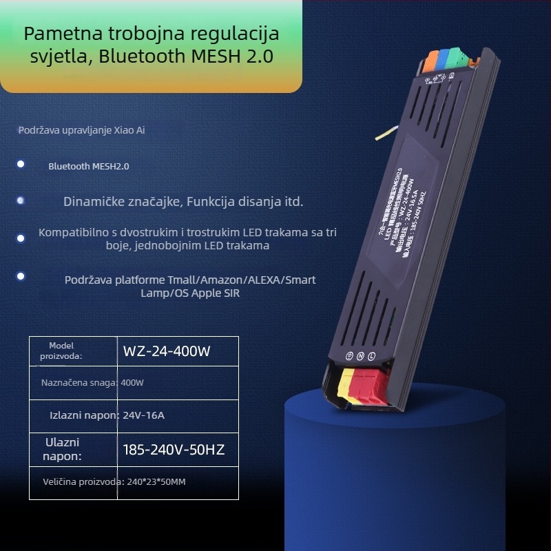 Transformator za LED traku s upravljanjem putem aplikacije i Bluetooth Mesh 2.0, 24V, 400W, aluminijsko kućište