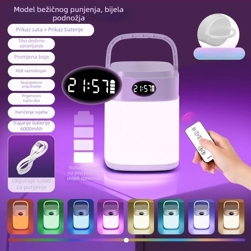 Noćna lampica s daljinskim upravljačem, ugrađena baterija, sat, ambijentalno osvjetljenje
