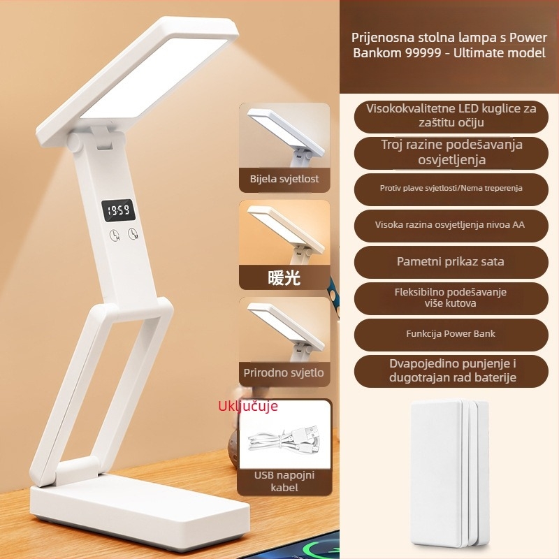 Skuljena stolna lampa s digitalnim zaslonom, ugrađena baterija i funkcija Power Bank, dodirno upravljanje, ABS sjenilo, CRI ≥ 90