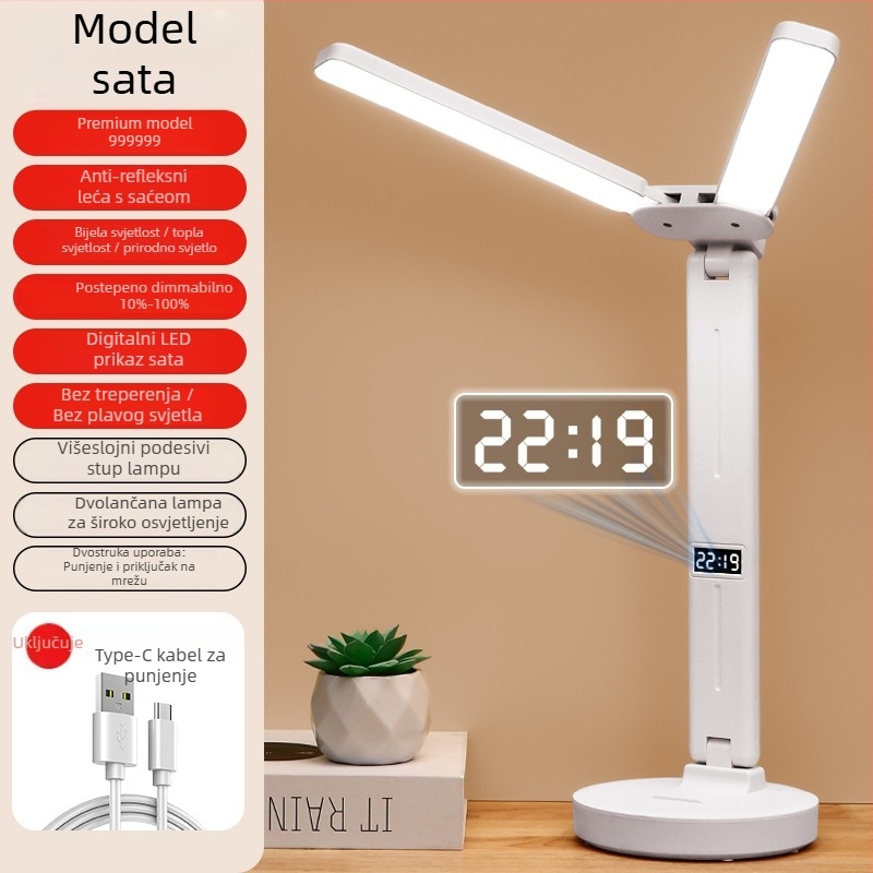 Stolna lampa s dvostrukom glavom, sklopiva, s ugrađenom baterijom i dodirnim upravljanjem – studijska lampa za studentske domove i dječje sobe