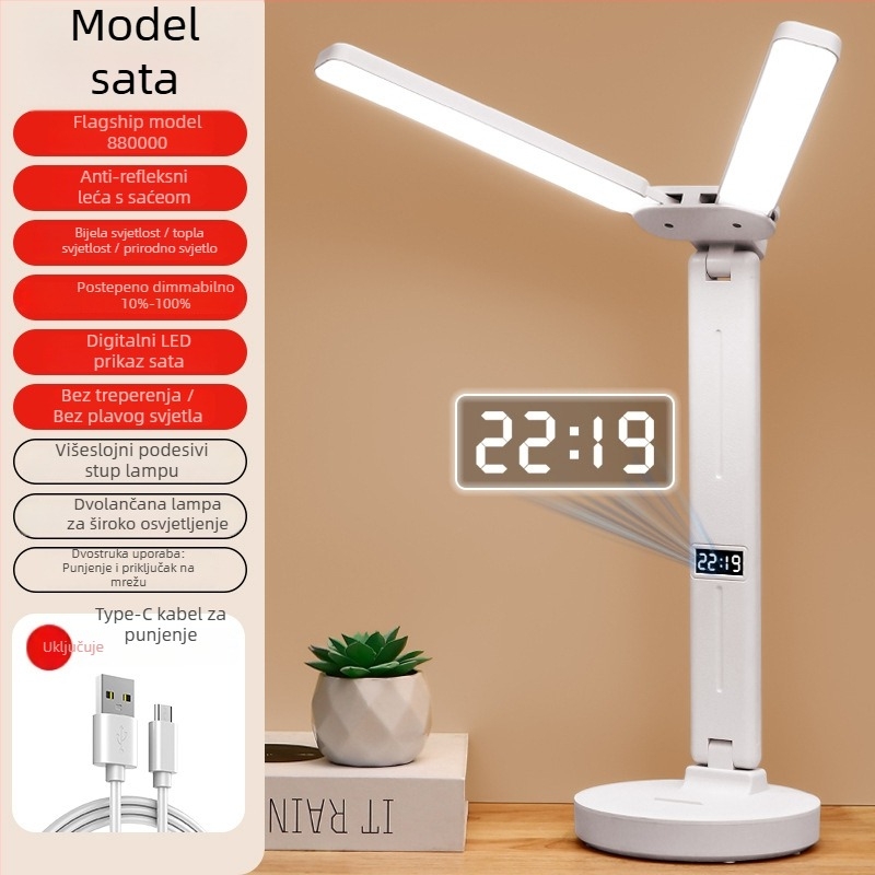 Stolna lampa s dvostrukom glavom, sklopiva, s ugrađenom baterijom i dodirnim upravljanjem – studijska lampa za studentske domove i dječje sobe