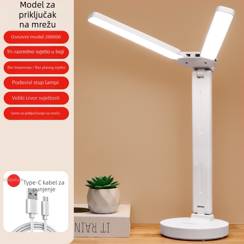 Stolna lampa s dvostrukom glavom, sklopiva, s ugrađenom baterijom i dodirnim upravljanjem – studijska lampa za studentske domove i dječje sobe