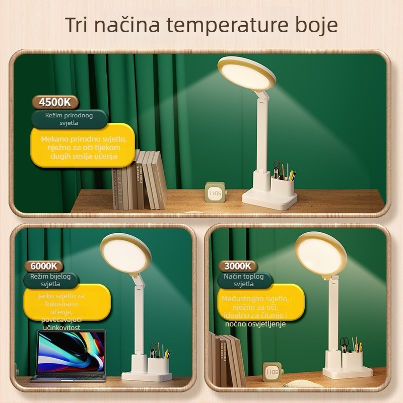 Lampa za učenje s zaštitom očiju, anti-plavo svjetlo, bez treperenja; USB punjenje, sklopiva, promjenjiva jačina, dodirni prekidač, ugrađena baterija, noćna lampica