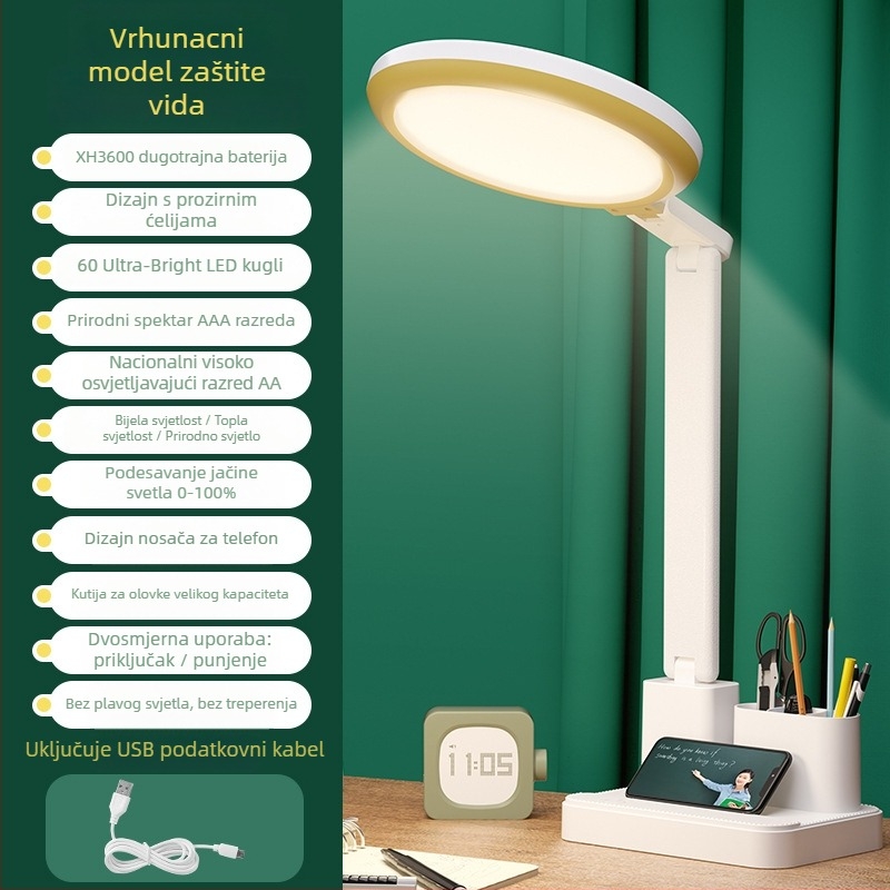 Lampa za učenje s zaštitom očiju, anti-plavo svjetlo, bez treperenja; USB punjenje, sklopiva, promjenjiva jačina, dodirni prekidač, ugrađena baterija, noćna lampica