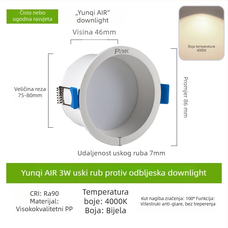 LED downlight, skrivena ugradnja, otvor 75 mm, 220V, CRI ≥ 90