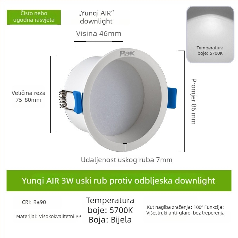 LED downlight, skrivena ugradnja, otvor 75 mm, 220V, CRI ≥ 90