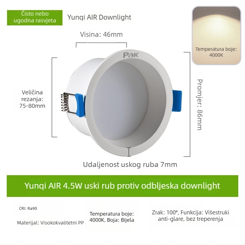 LED downlight, skrivena ugradnja, otvor 75 mm, 220V, CRI ≥ 90