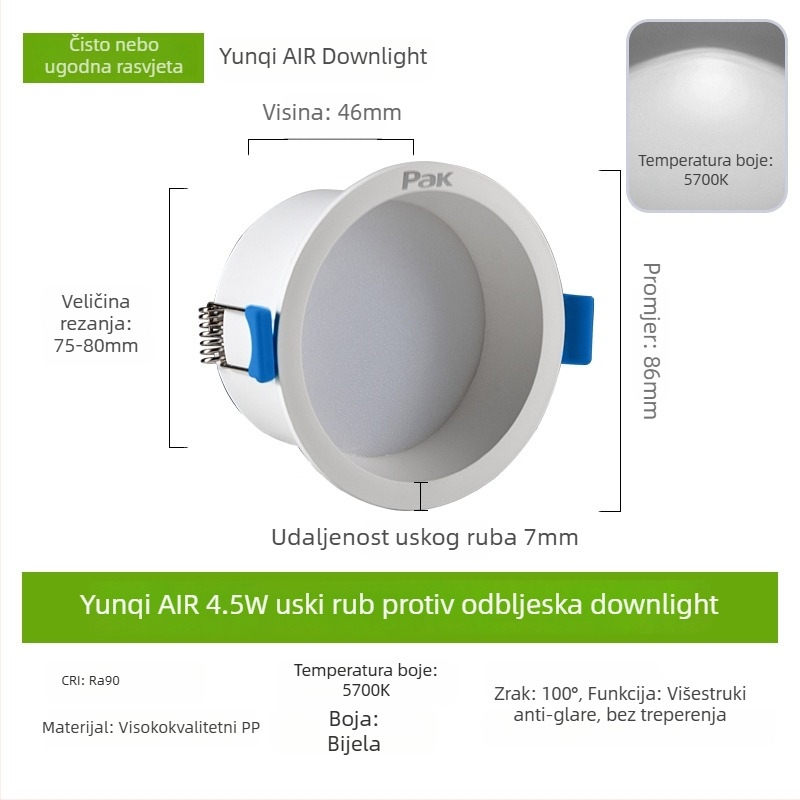 LED downlight, skrivena ugradnja, otvor 75 mm, 220V, CRI ≥ 90