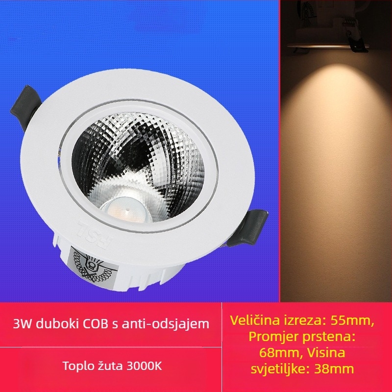 LED ugrađeni stropni spot s antirefleksijskim dizajnom, 220V, upravljanje prekidačem na zidu, PVC kućište, CRI 70–79