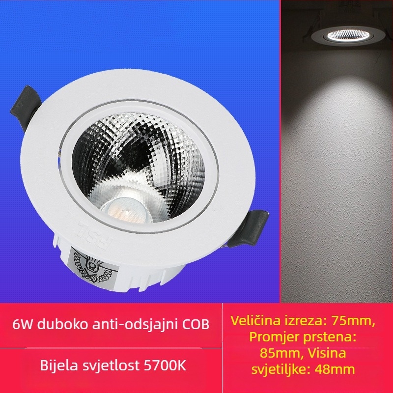 LED ugrađeni stropni spot s antirefleksijskim dizajnom, 220V, upravljanje prekidačem na zidu, PVC kućište, CRI 70–79