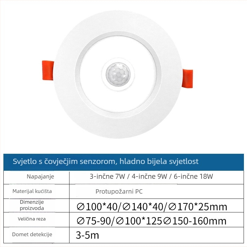 Ugradni LED downlight s radarskim senzorom pokreta, skrivena instalacija, inteligentna kontrola, 6–10W, 220V