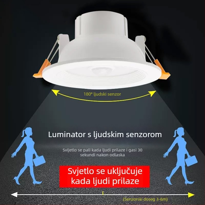LED downlight sa senzorom tijela, IR radarom i glasovnom kontrolom, skrivena ugradnja, 220V, LED perlice 2835 x10, 6500K