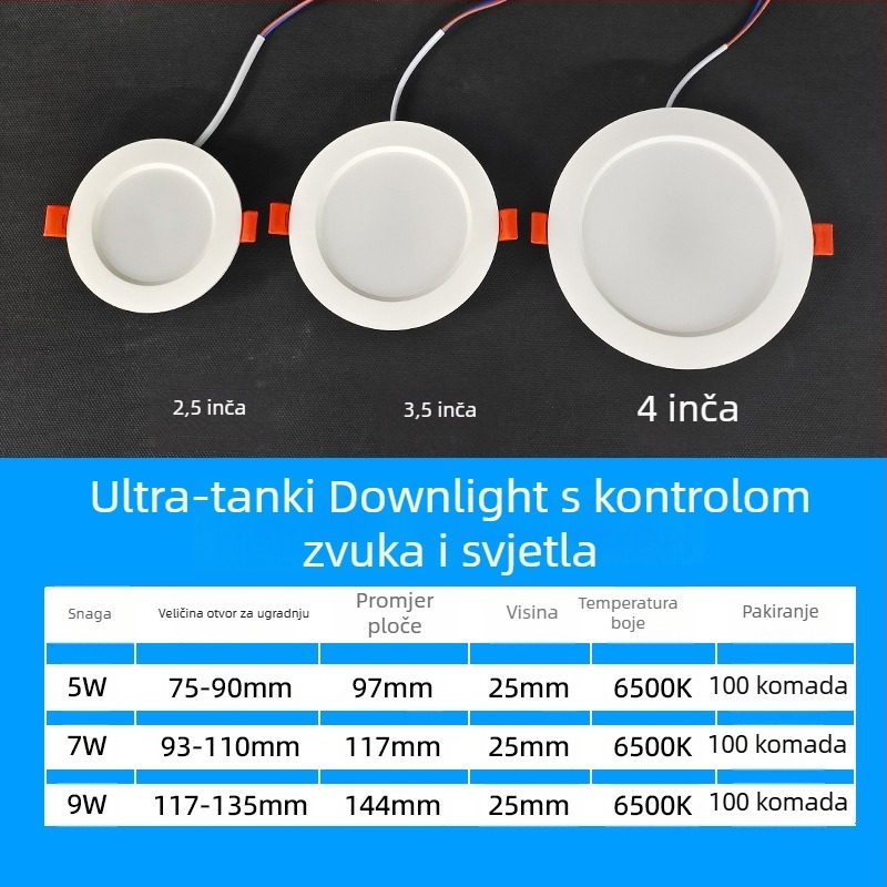 LED downlight sa senzorom tijela, IR radarom i glasovnom kontrolom, skrivena ugradnja, 220V, LED perlice 2835 x10, 6500K