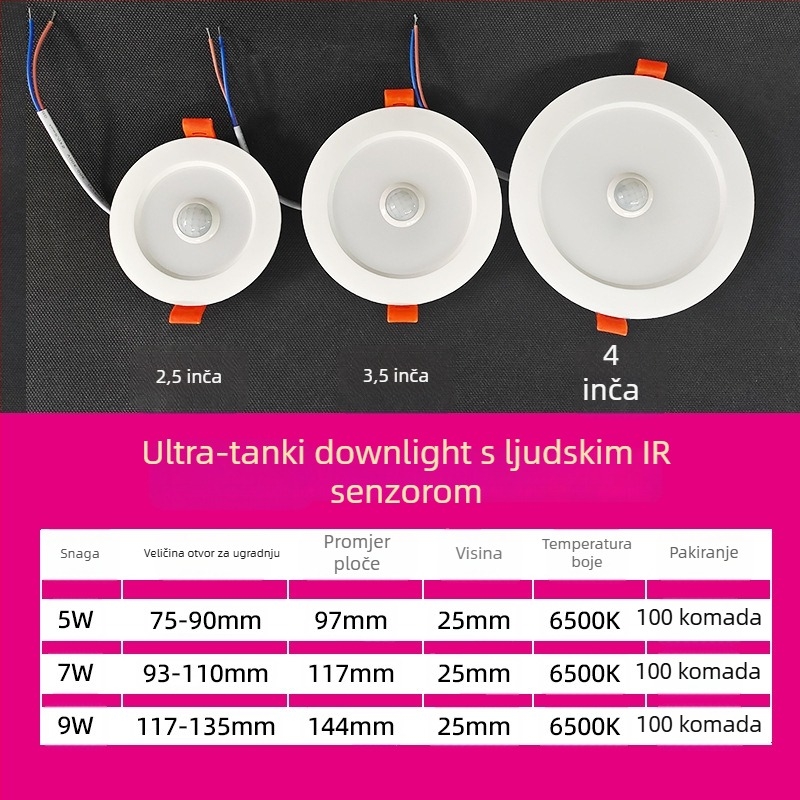 LED downlight sa senzorom tijela, IR radarom i glasovnom kontrolom, skrivena ugradnja, 220V, LED perlice 2835 x10, 6500K