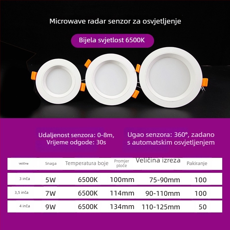 LED downlight sa senzorom tijela, IR radarom i glasovnom kontrolom, skrivena ugradnja, 220V, LED perlice 2835 x10, 6500K