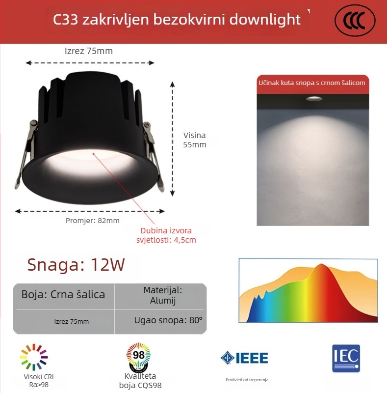 LED downlight bez okvira s zakrivljenim profilu, ugradni, COB LED, 220V, aluminijsko kućište, otvor 75 mm, 82 mm ukupna veličina, 3000–6000K