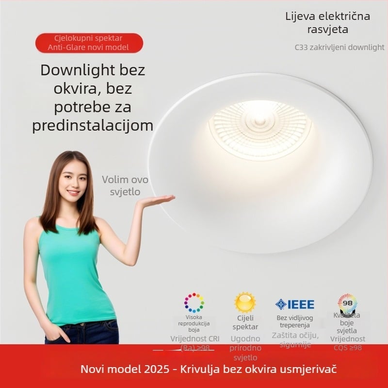 LED downlight bez okvira s zakrivljenim profilu, ugradni, COB LED, 220V, aluminijsko kućište, otvor 75 mm, 82 mm ukupna veličina, 3000–6000K