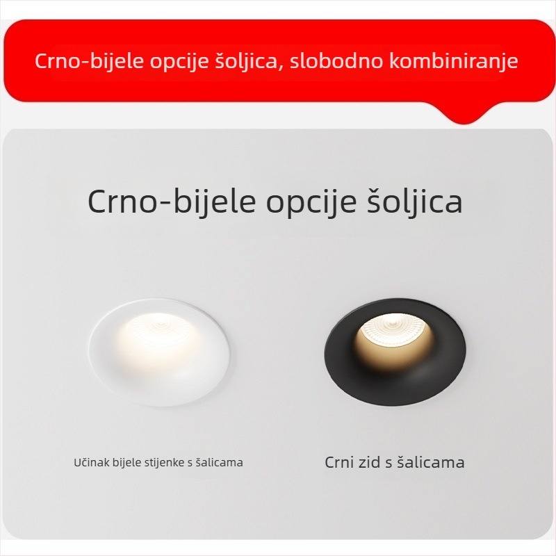 LED downlight bez okvira s zakrivljenim profilu, ugradni, COB LED, 220V, aluminijsko kućište, otvor 75 mm, 82 mm ukupna veličina, 3000–6000K