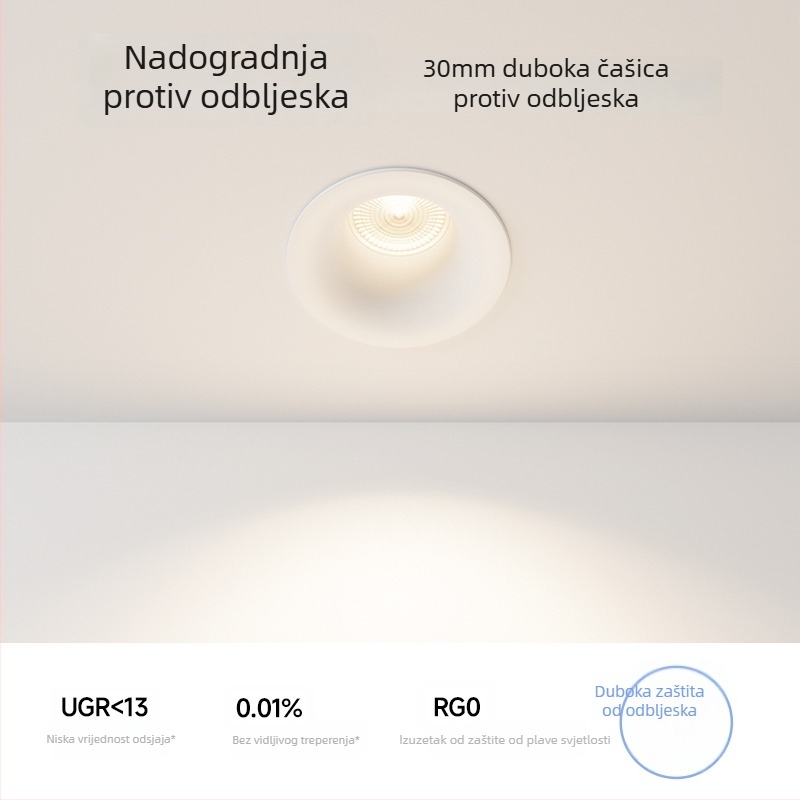 LED downlight bez okvira s zakrivljenim profilu, ugradni, COB LED, 220V, aluminijsko kućište, otvor 75 mm, 82 mm ukupna veličina, 3000–6000K