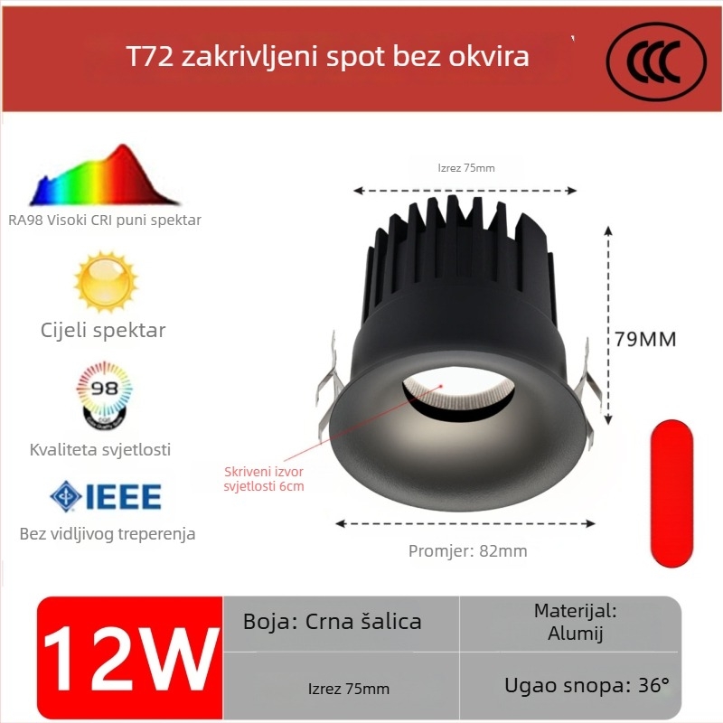 LED downlight bez okvira s zakrivljenim profilu, ugradni, COB LED, 220V, aluminijsko kućište, otvor 75 mm, 82 mm ukupna veličina, 3000–6000K