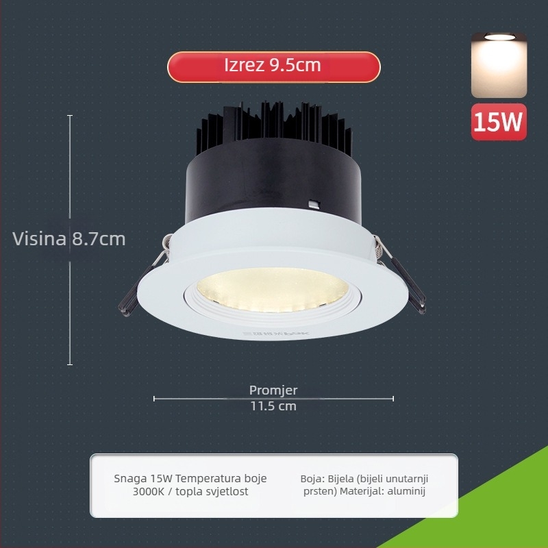 Ugrađeni COB LED spot svjetlo, aluminijska stropna svjetiljka, prilagodljiv snop, CRI 80–89, 220V, Trio Aurora