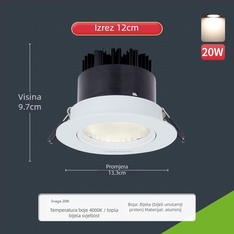 Ugrađeni COB LED spot svjetlo, aluminijska stropna svjetiljka, prilagodljiv snop, CRI 80–89, 220V, Trio Aurora