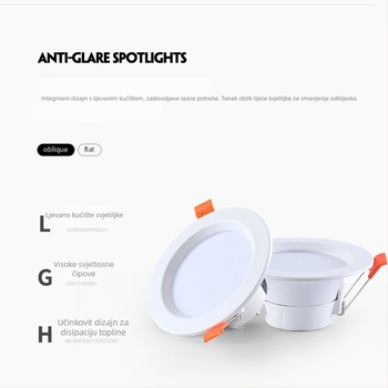 Izuzetno tanak LED downlight, ugrađen anti-glare, trobojno podešavanje osvjetljenja, 6000K, 220V
