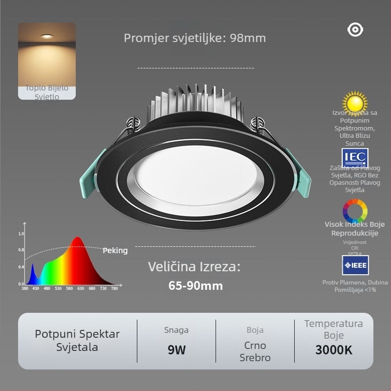 LED downlight; puni spektar, anti-plavo svjetlo; CRI ≥90; 220V; skrivena instalacija