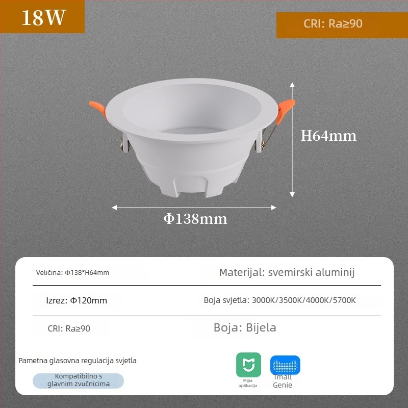 Downlight s COB LED, skrivena instalacija, 220V, CRI ≥90, 3000K/3500K/4000K/5700K